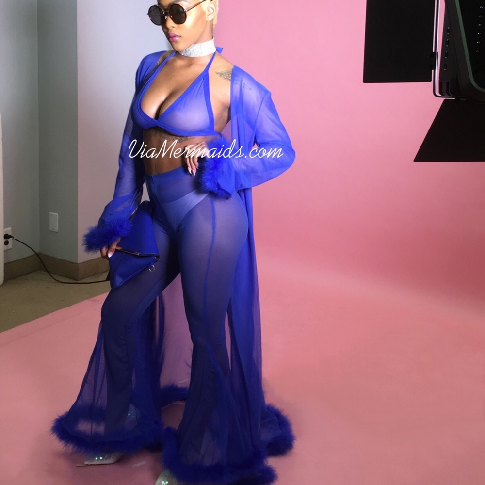 Royal blue fur robe and fur pants set